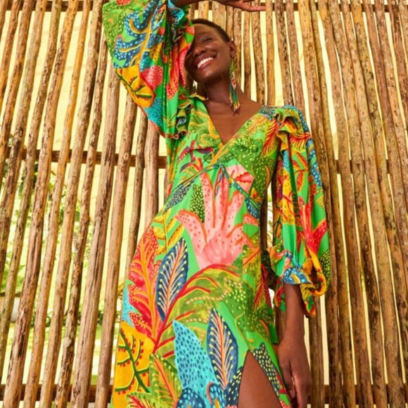 NWOT Farm Rio Forest Dream Slit Green Multi Midi Dress XS $220